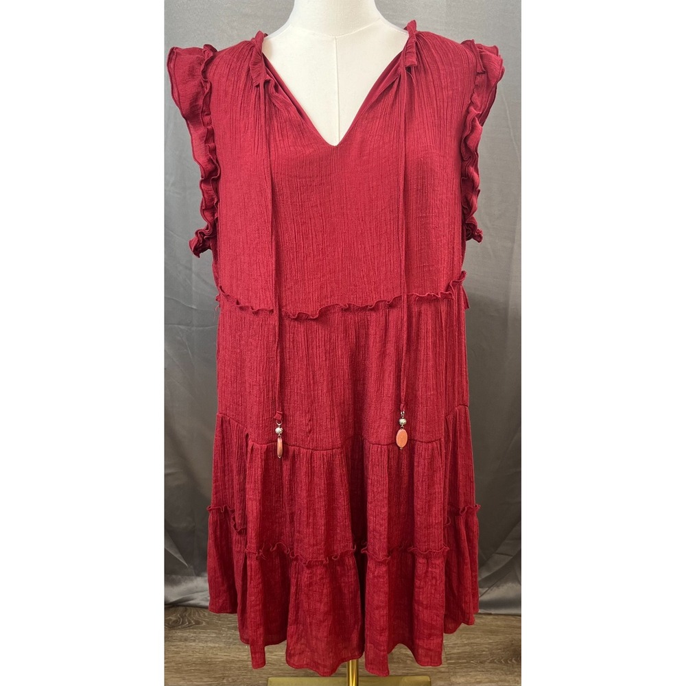 Indigo Rose Red Western Boho Babydoll Tiered Knee Dress Wood Beads XL 1X
